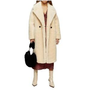 Topshop Whinnie Borg Maxi Faux Shearling Coat Sz US 2 Petite in Cream NWT